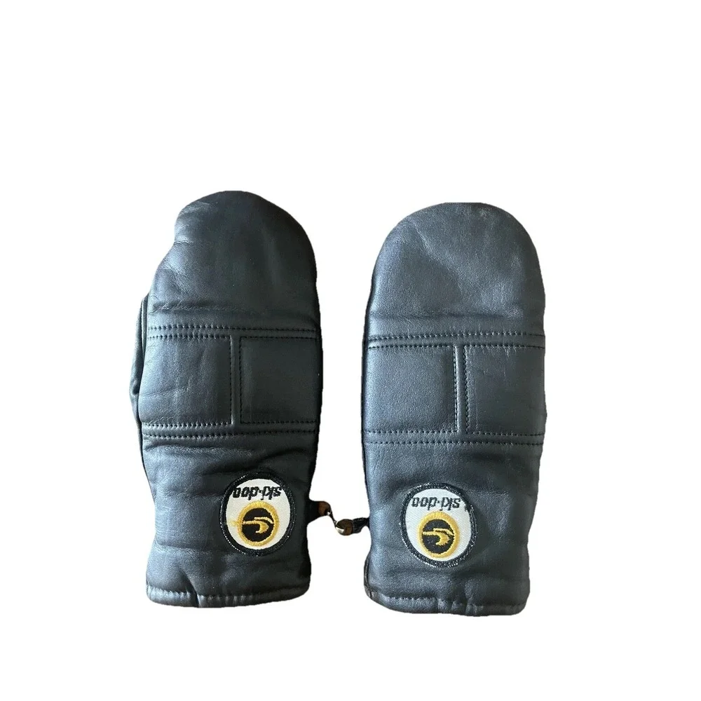 Ski-Doo Vintage Black Leather Snowmobile Mittens Faux Shearling Lined Canada L